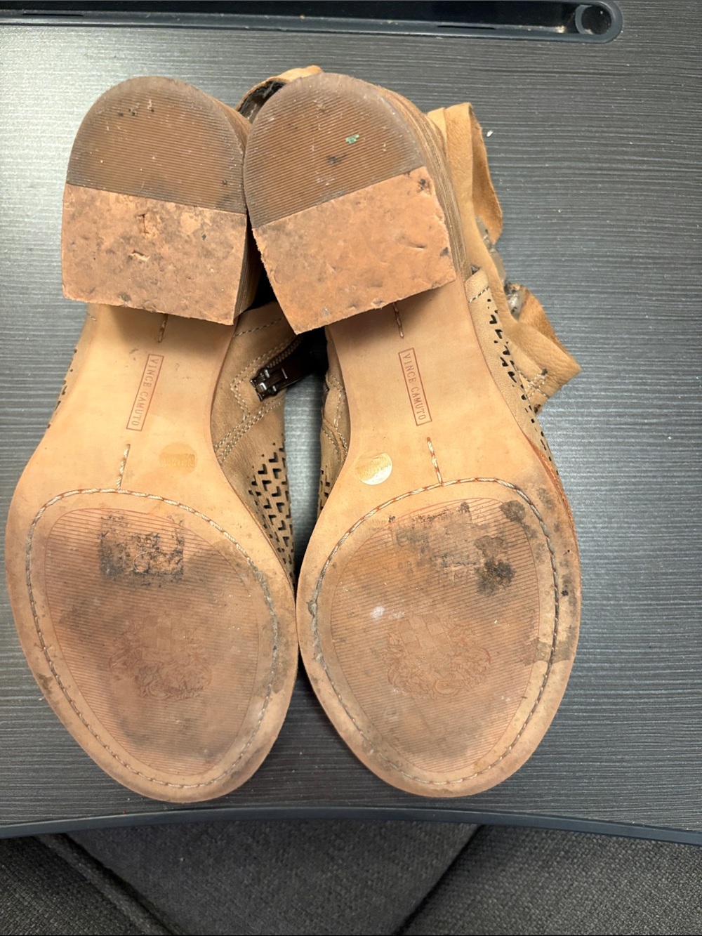 Vince Camuto Tan Perforated Peep-Toe Slingback Mules - Picture 3 of 5